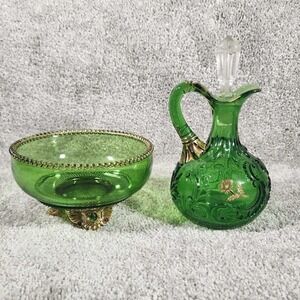 Colorado US Glass Lacy Medallion Green Bowl and Cruet